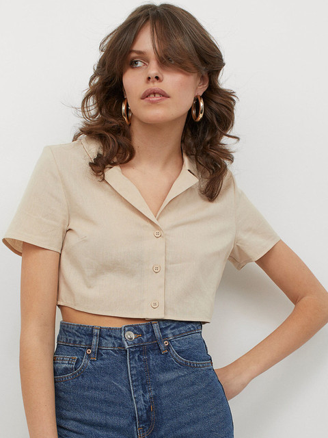 

H&M Women Beige Cropped Shirt