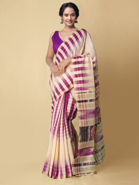 

Unnati Silks Cream & Purple Ethnic Motifs Pure Cotton Sambalpuri Handloom Saree