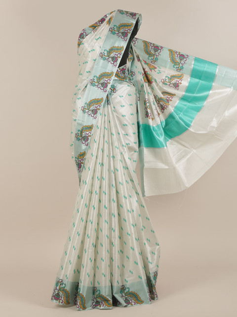

Pothys White & Sea Green Ethnic Motifs Cotton Blend Saree