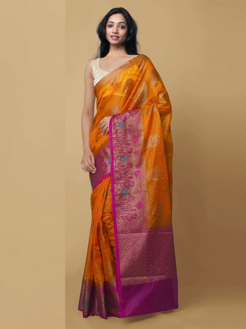 Unnati Silks Orange & Pink Ethnic Motifs Zari Silk Cotton Banarasi Handloom Saree