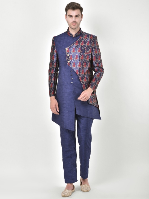 

SG RAJASAHAB Men Navy Blue & Red Printed Silk Sherwani Set