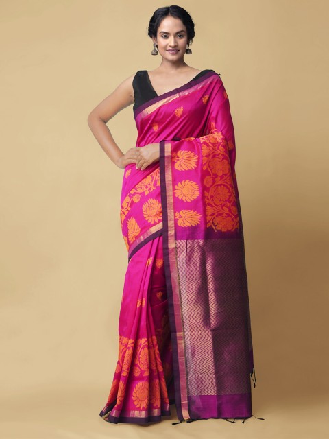 

Unnati Silks Pink & Orange Floral Silk Cotton Uppada Handloom Saree