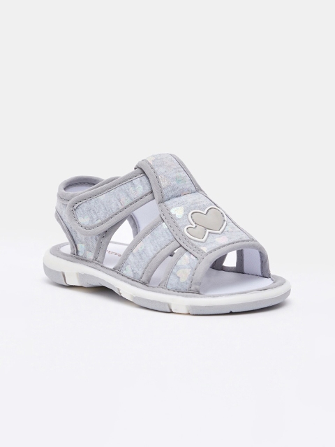 

shoexpress Girls Grey Heart Print Flat Sandals with Hook and Loop Closure