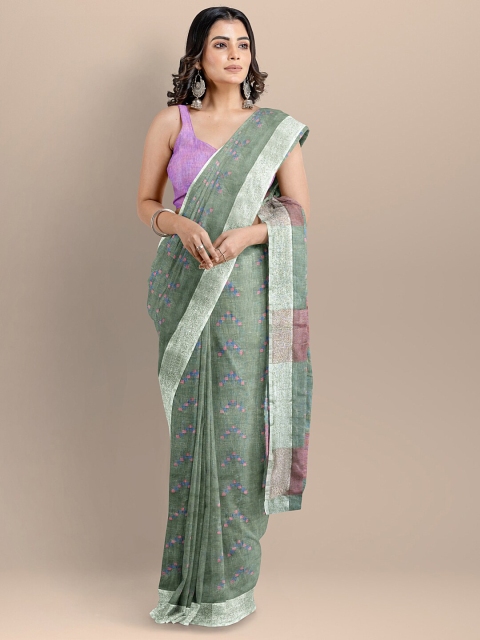 

BharatSthali Green & Red Pure Cotton Jamdani Handloom Saree