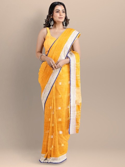 

BharatSthali Yellow & Blue Ethnic Motifs Pure Linen Mangalagiri Handloom Saree