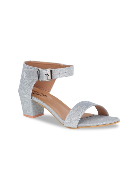 

LONDON STEPS Silver Textured Ankle Loop Block Heels