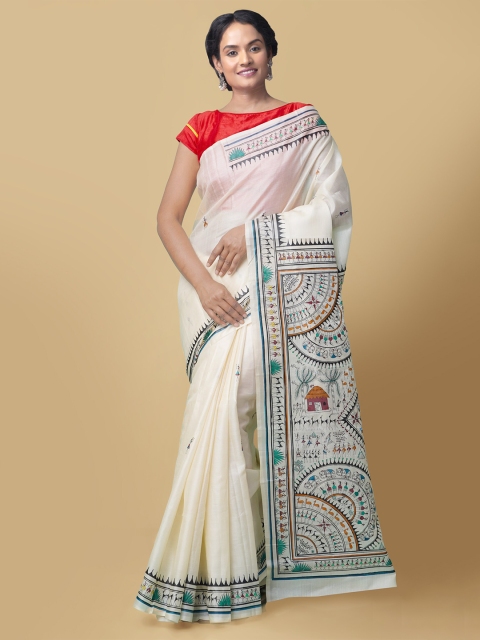 Unnati Silks Beige & Green Warli Pure Silk Tussar Handloom Saree