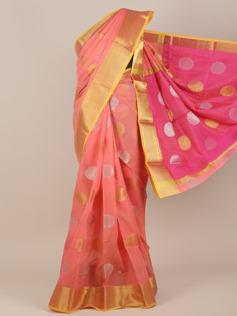 

Pothys Pink & Silver-Toned Ethnic Motifs Zari Cotton Blend Saree