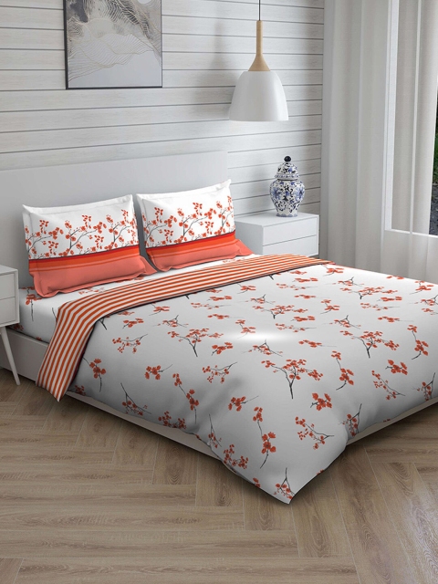 

Layers White & Orange Floral Printed 144 TC Pure Cotton Double Queen Bedding Set With Comforter