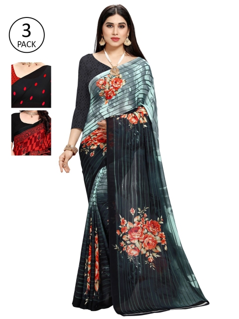 

KALINI Women Pack of 3 Printed Sarees, Black