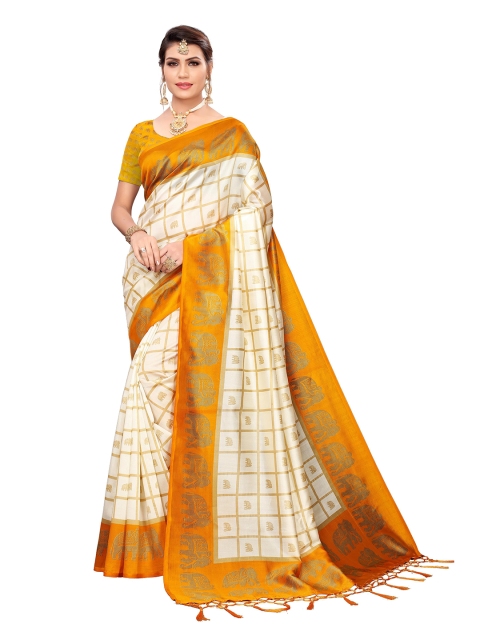 

KALINI Yellow & White Checked Zari Art Silk Saree