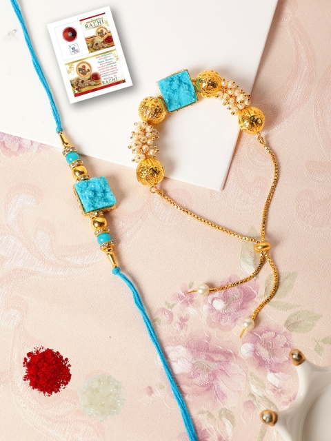 

PASSION PETALS Men Set of 2 Blue Bracelet Style Rakhi Set With Card And Roli Chawal