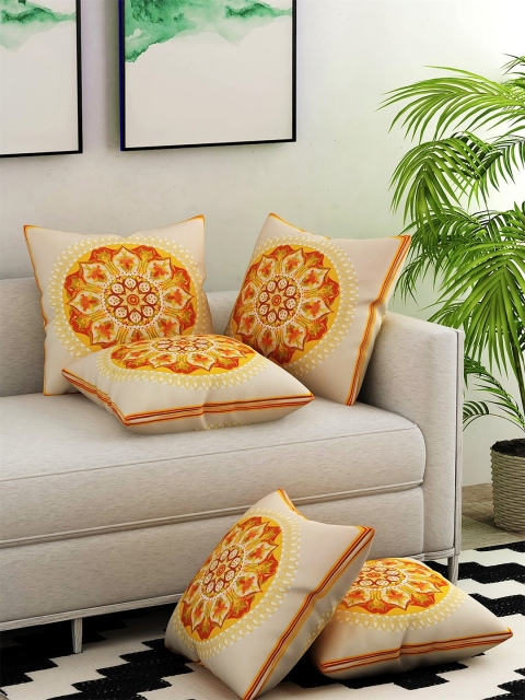 

Salona Bichona Yellow & Orange Set of 5 Ethnic Motifs Square Cushion Covers