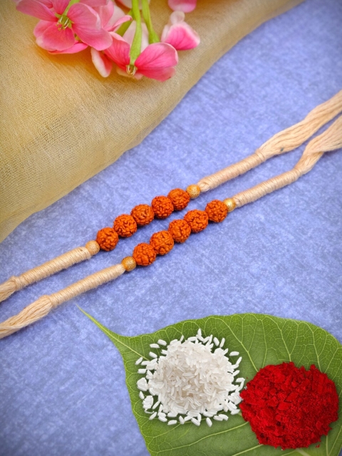 

Crunchy Fashion Fancy 2 Rudraksh Rakhis With Roli Chawal Tilak, Orange