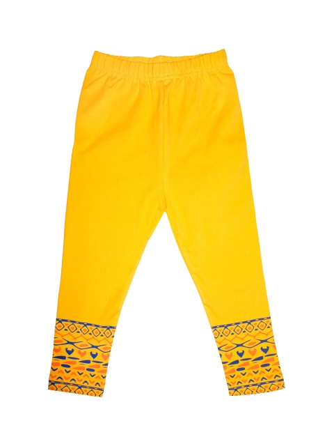 

KiddoPanti Girls Yellow & Blue Bottom Hem Printed Capri Leggings