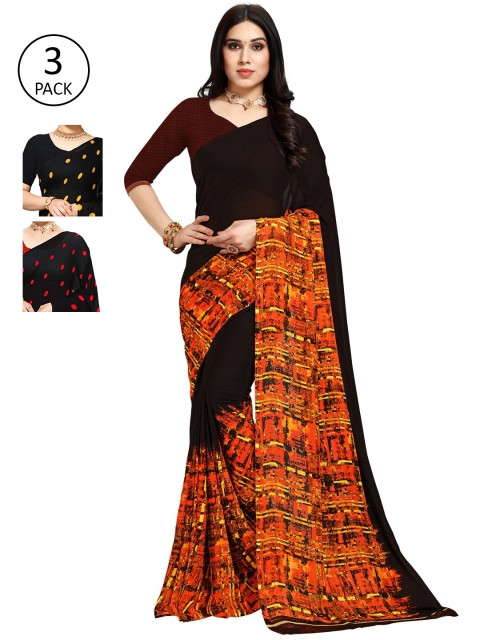 KALINI Pack of 3 Poly Georgette Sarees, Yellow