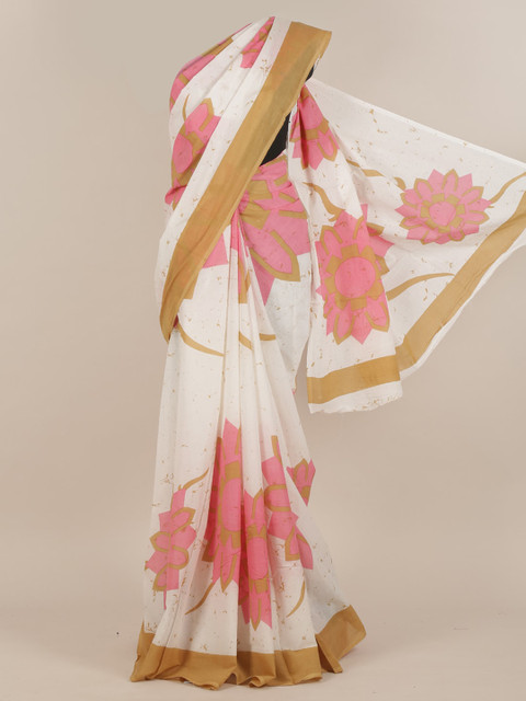 

Pothys Cream-Coloured & Pink Floral Zari Saree
