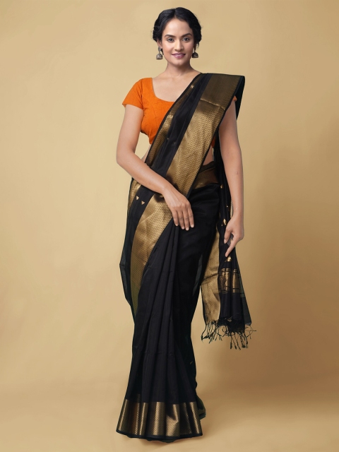 

Unnati Silks Black & Gold-Toned Woven Design Zari Silk Cotton Maheshwari Saree