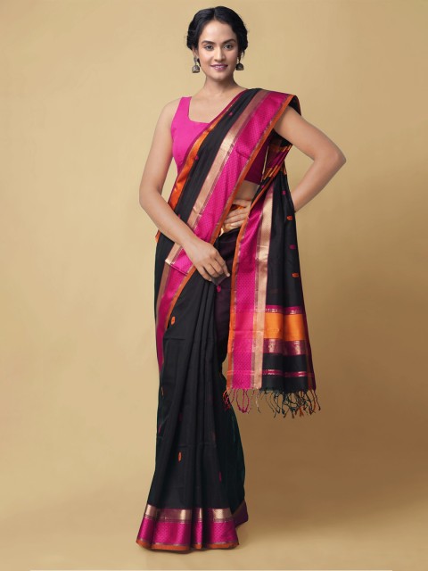 

Unnati Silks Black & Pink Woven Design Zari Silk Cotton Maheshwari Saree
