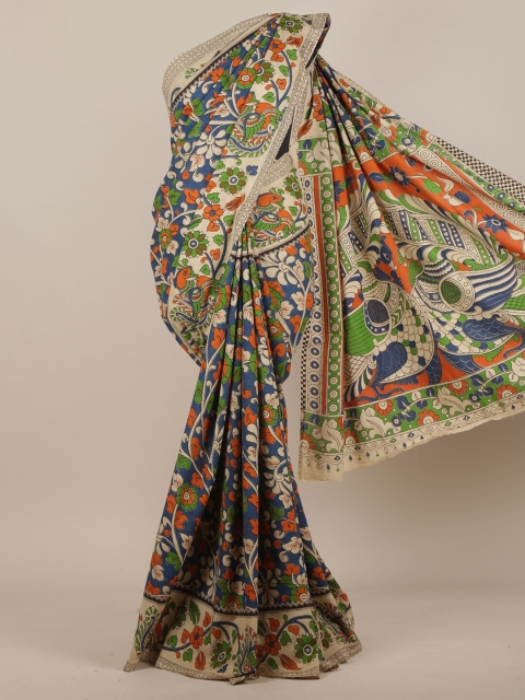 

Pothys Beige & Blue Pure Cotton Kalamkari Printed Saree