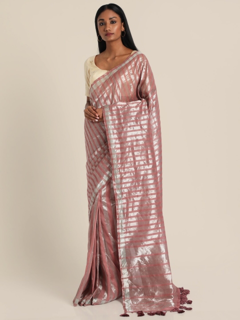 

Suta Rose Gold & Silver-Toned Striped Linen Blend Saree