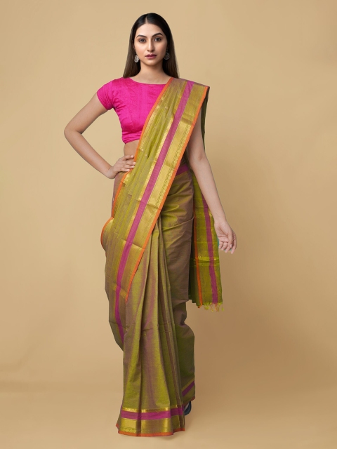 

Unnati Silks Olive & Pink Colourblocked Pure Cotton Uppada Handloom Saree