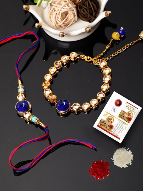 

PASSION PETALS Gold & Blue Bracelet Style Bhaiya Bhabhi Rakhi With Card And Roli Chawal