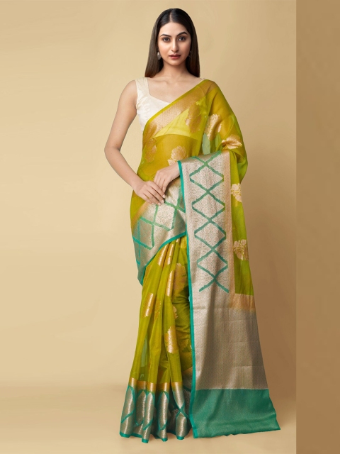 

Unnati Silks Green & Gold-Toned Ethnic Motifs Silk Cotton Banarasi Handloom Saree