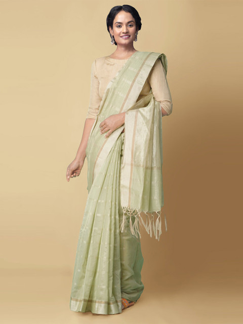 

Unnati Silks Green & Beige Woven Design Zari Silk Cotton Banarasi Handloom Saree