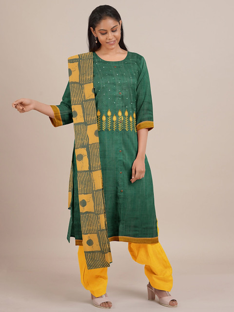 

Pothys Green & Yellow Printed Unstitched Dress Material