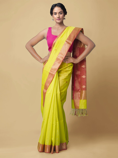 

Unnati Silks Lime Green & Gold Checked Zari Silk Cotton Handloom Maheshwari Saree