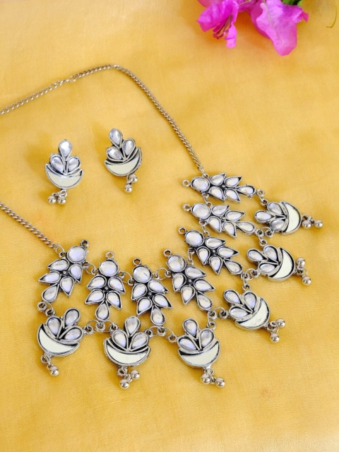 

Crunchy Fashion Oxidised Silver-Plated White Kundan-Studded Jewellery Set