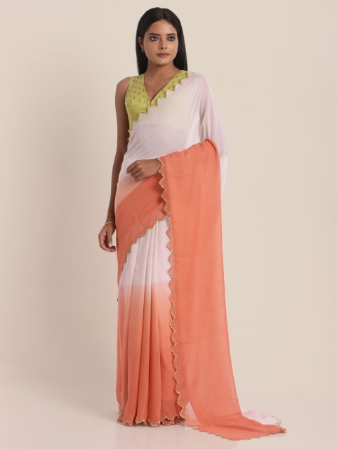 Suta Orange & White Colourblocked Pure Cotton Saree