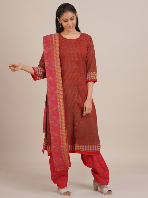 

Pothys Red & Green Printed Unstitched Dress Material