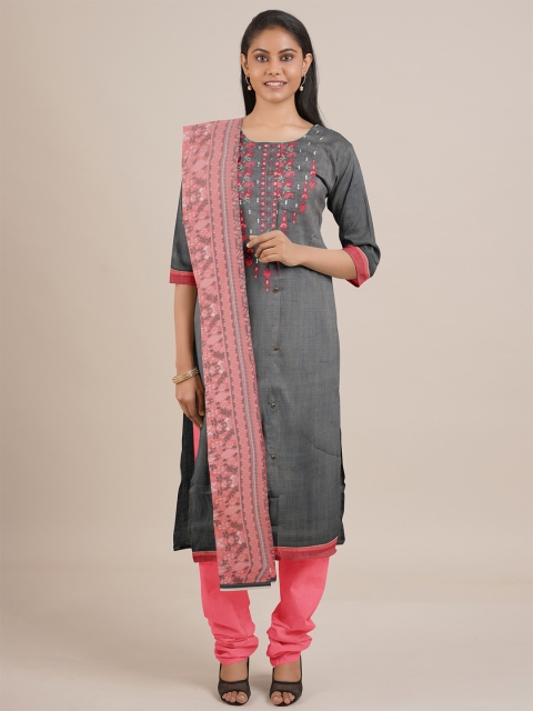 

Pothys Grey & Pink Unstitched Dress Material