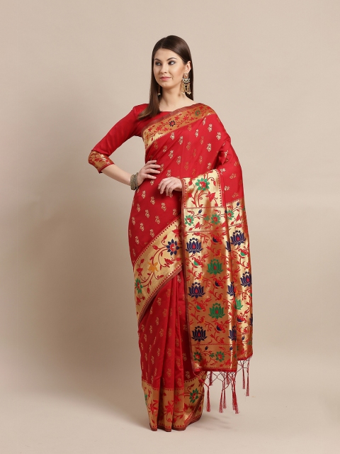 

Saree mall Red Ethnic Motifs Zari Silk Blend Banarasi Sarees