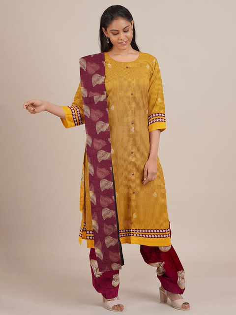 

Pothys Mustard & Maroon Printed Unstitched Dress Material