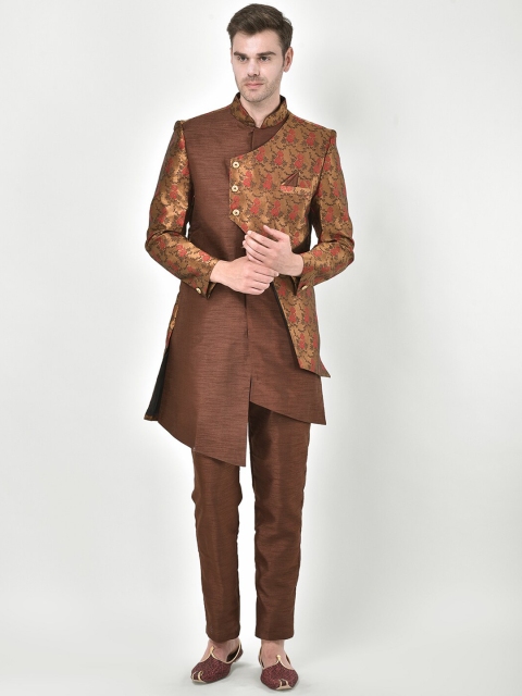 

VASTRAMAY Men Copper-Coloured Woven-Design Silk Sherwani Set