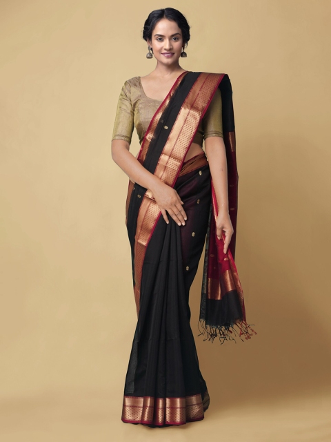 

Unnati Silks Black & Gold-Toned Woven Design Zari Silk Cotton Maheshwari Saree
