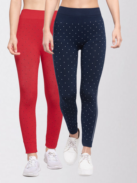 

KLOTTHE Women Pack Of 2 Polka Dot Printed Skinny-Fit Jeggings, Red