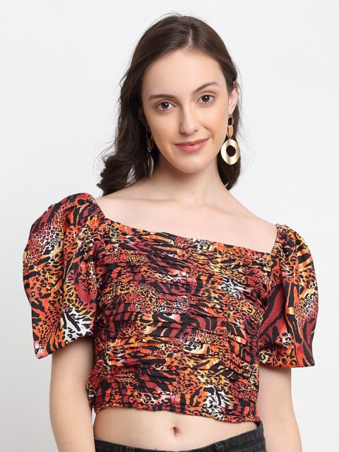 

DIVA WALK EXCLUSIVE Brown & Black Animal Puff Sleeve Bardot Crop Top