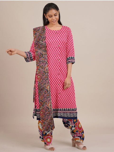 

Pothys Pink & Navy Blue Printed Unstitched Dress Material