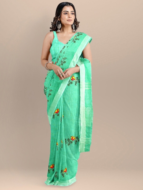 

BharatSthali Sea Green & Red Floral Silk Cotton Mangalagiri Handloom Saree