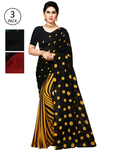 

KALINI Pack of 3 Poly Georgette Printed Sarees, Mustard