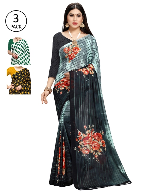 

KALINI Pack Of 3 Poly Georgette Sarees, Blue