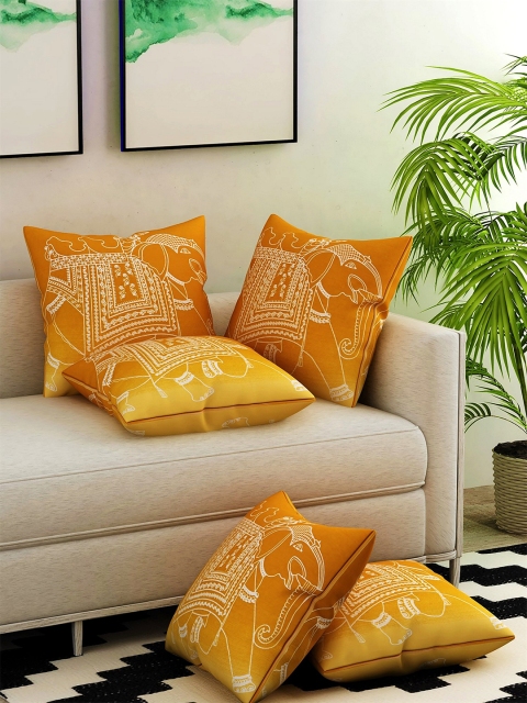 

Salona Bichona Mustard Yellow & White Set of 5 Ethnic Motifs Square Cushion Covers