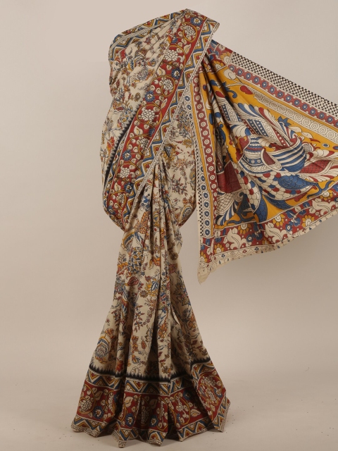 

Pothys Beige & Mustard Yellow Pure Cotton Kalamkari Printed Saree