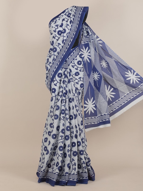 

Pothys White & Blue Ethnic Motifs Cotton Blend Saree