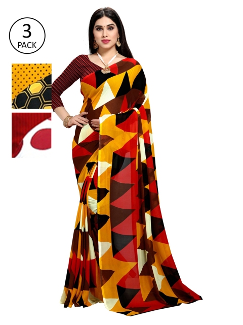 

KALINI Pack of 3 Printed Sarees, Red