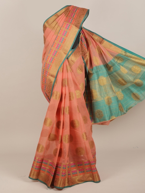 

Pothys Peach-Coloured & Turquoise Blue Woven Design Saree